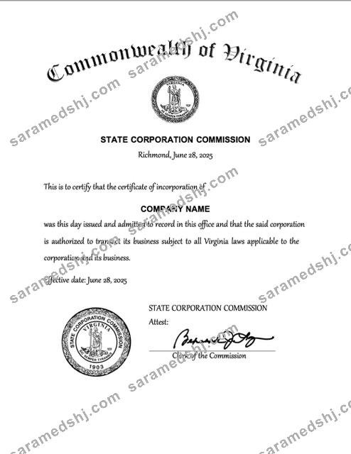 USA Virginia certificate of incorporation Word and PDF template
